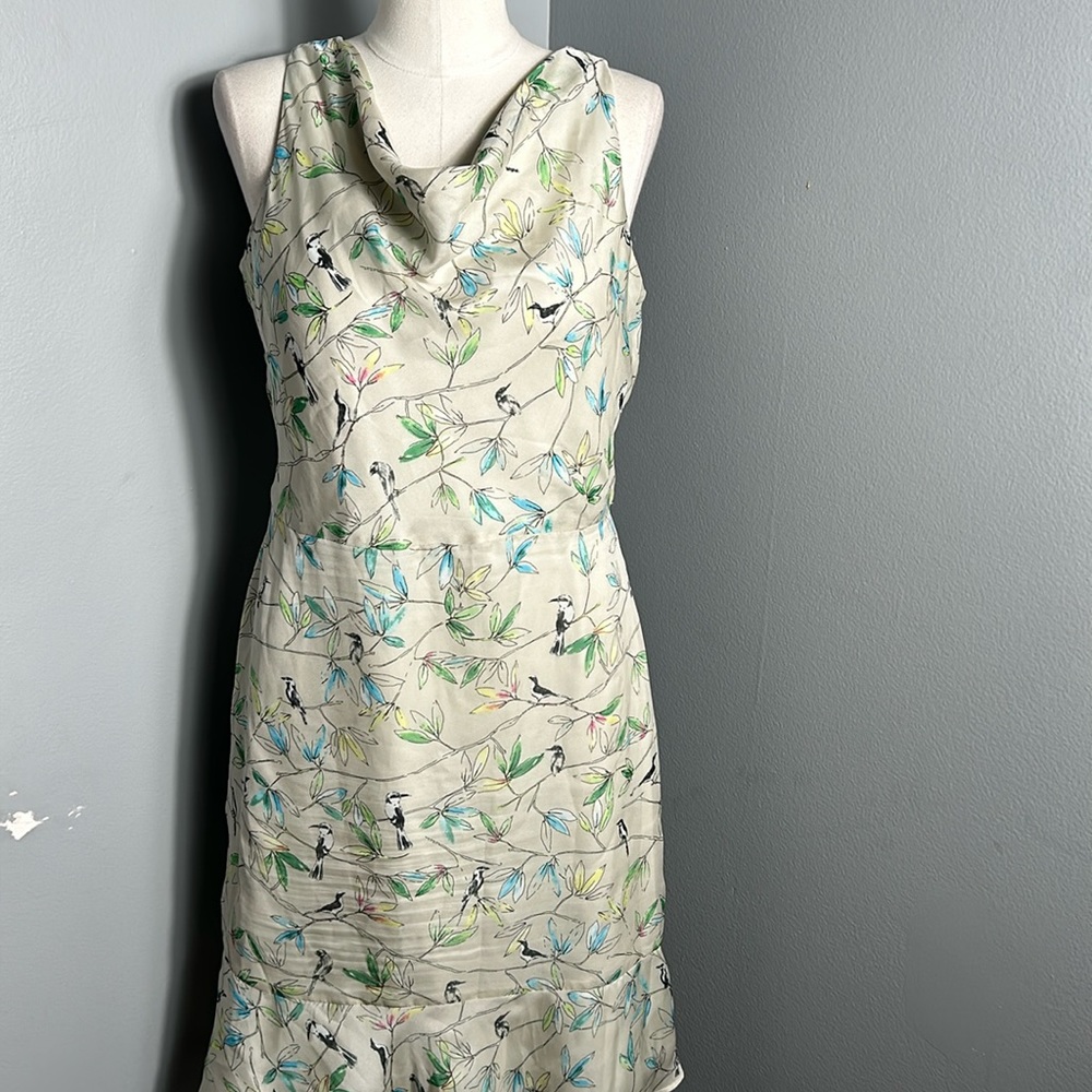 The Limited A-line Chiffon dress Light Lime Green with Leave and Bird Print sz 8